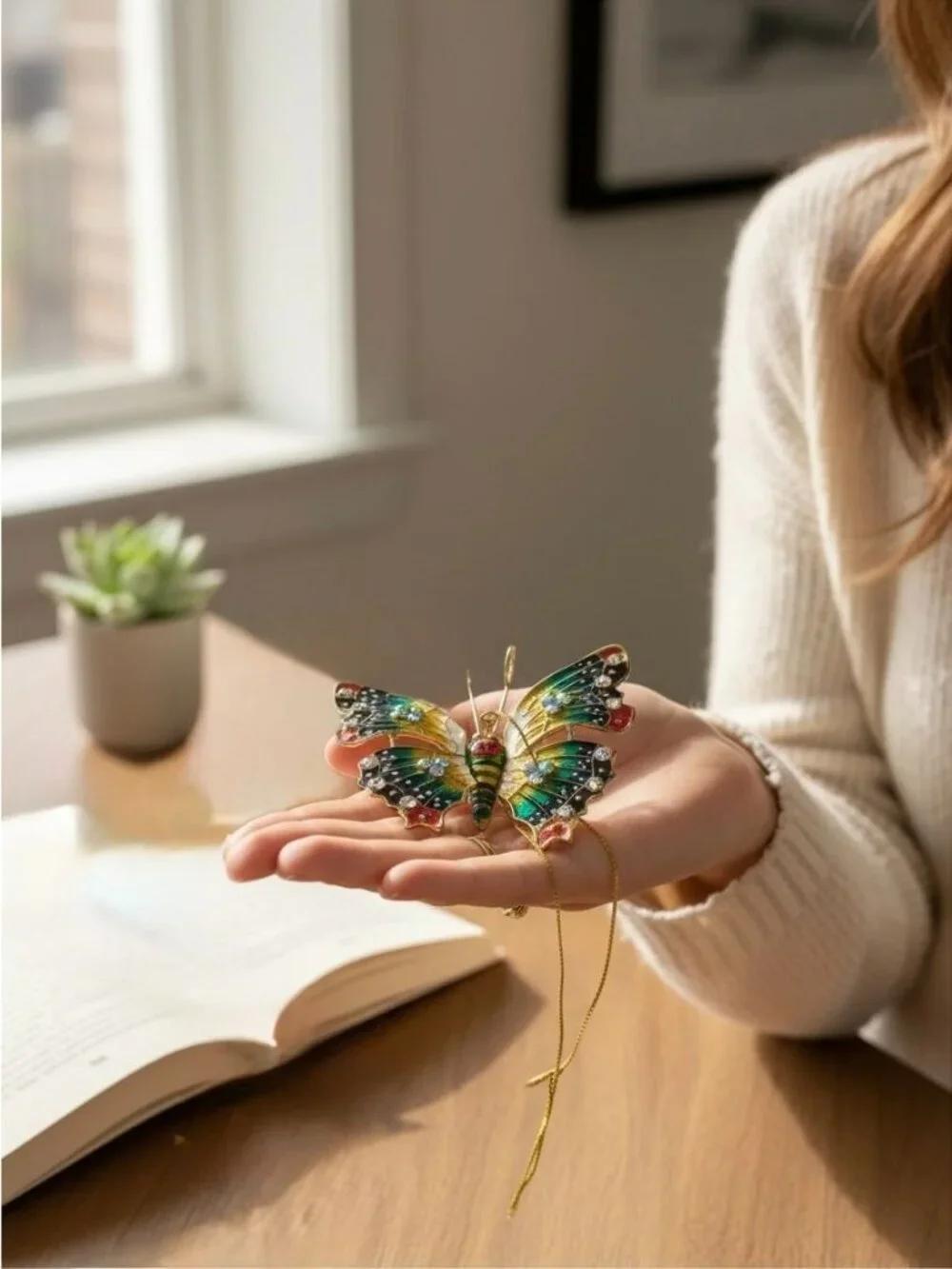 Hand-Painted Butterfly Ornament With Rhinestones & Gold-Tone Accents